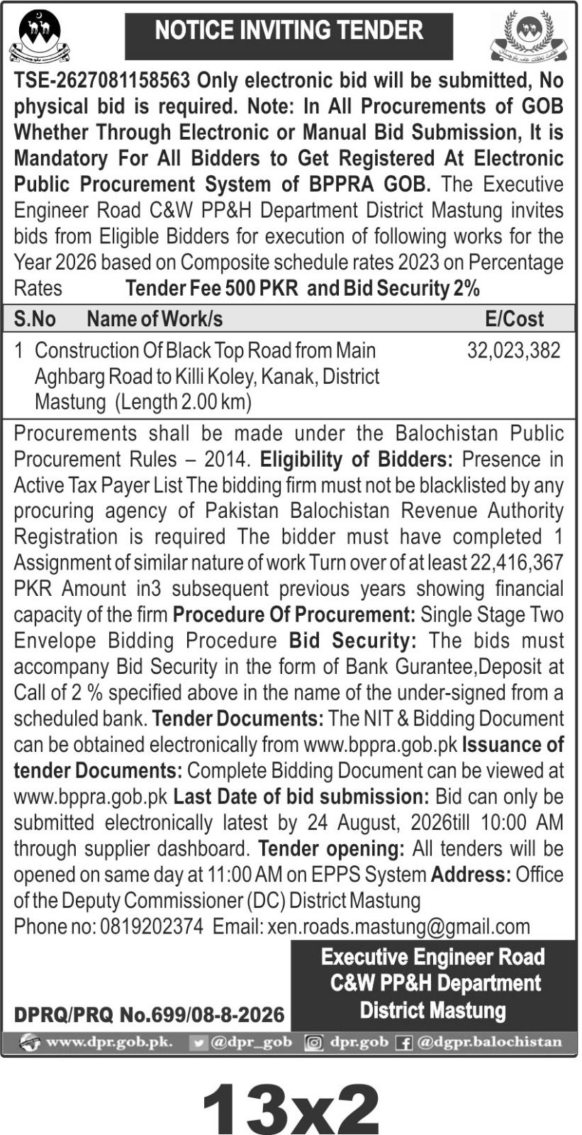 Mastung Blacktop Road Construction from Aghbarg Road to Killi Kole