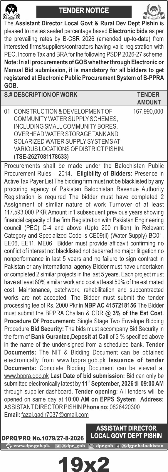 Pishin Water Supply Development Tender 2026 – Rs. 167.99 Million