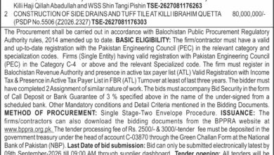 Quetta Urban Development & Solar WSS Tenders 2026