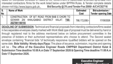 Kalat BT Road Construction Tender Worth Rs. 788 Million
