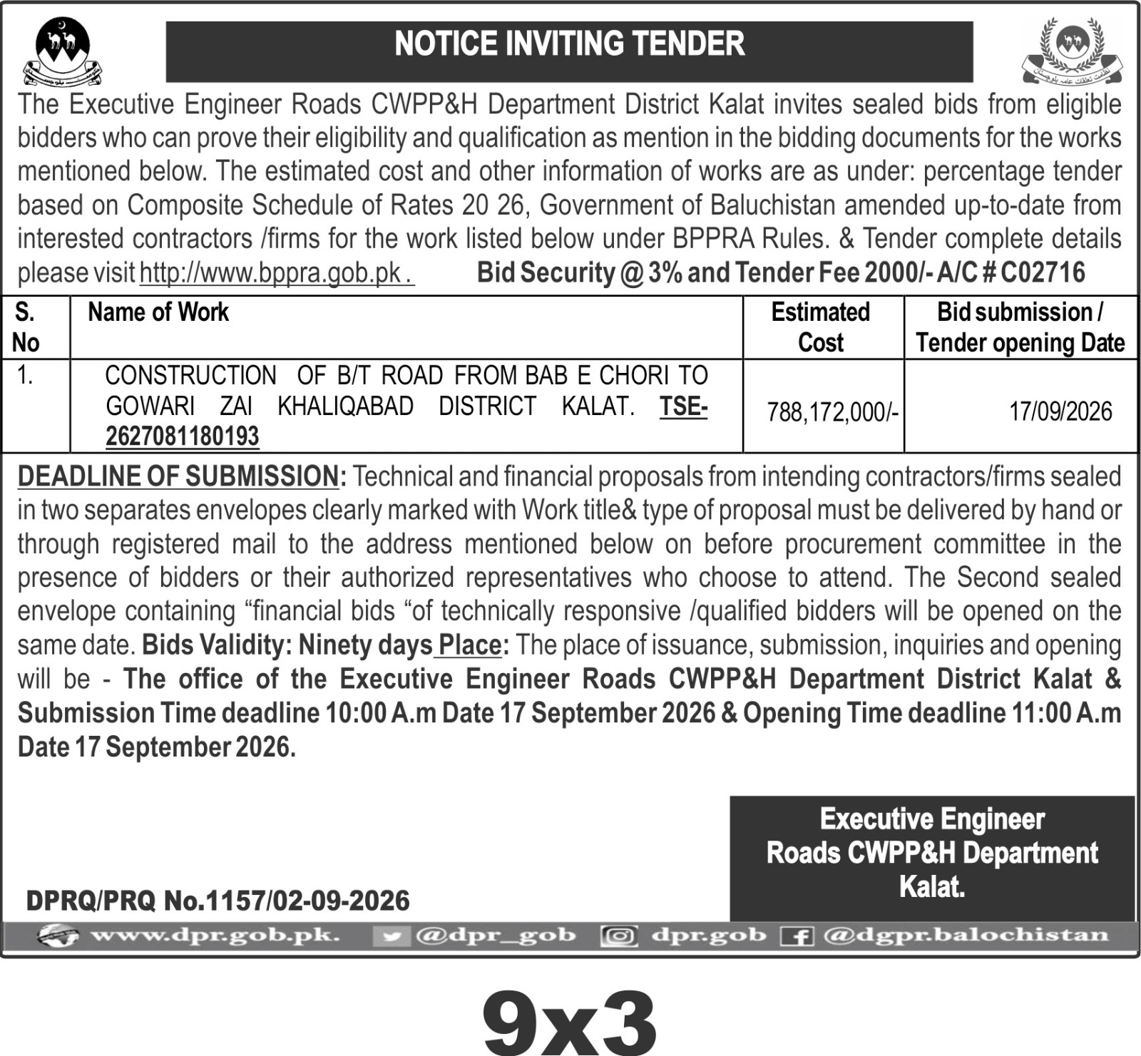 Kalat BT Road Construction Tender Worth Rs. 788 Million