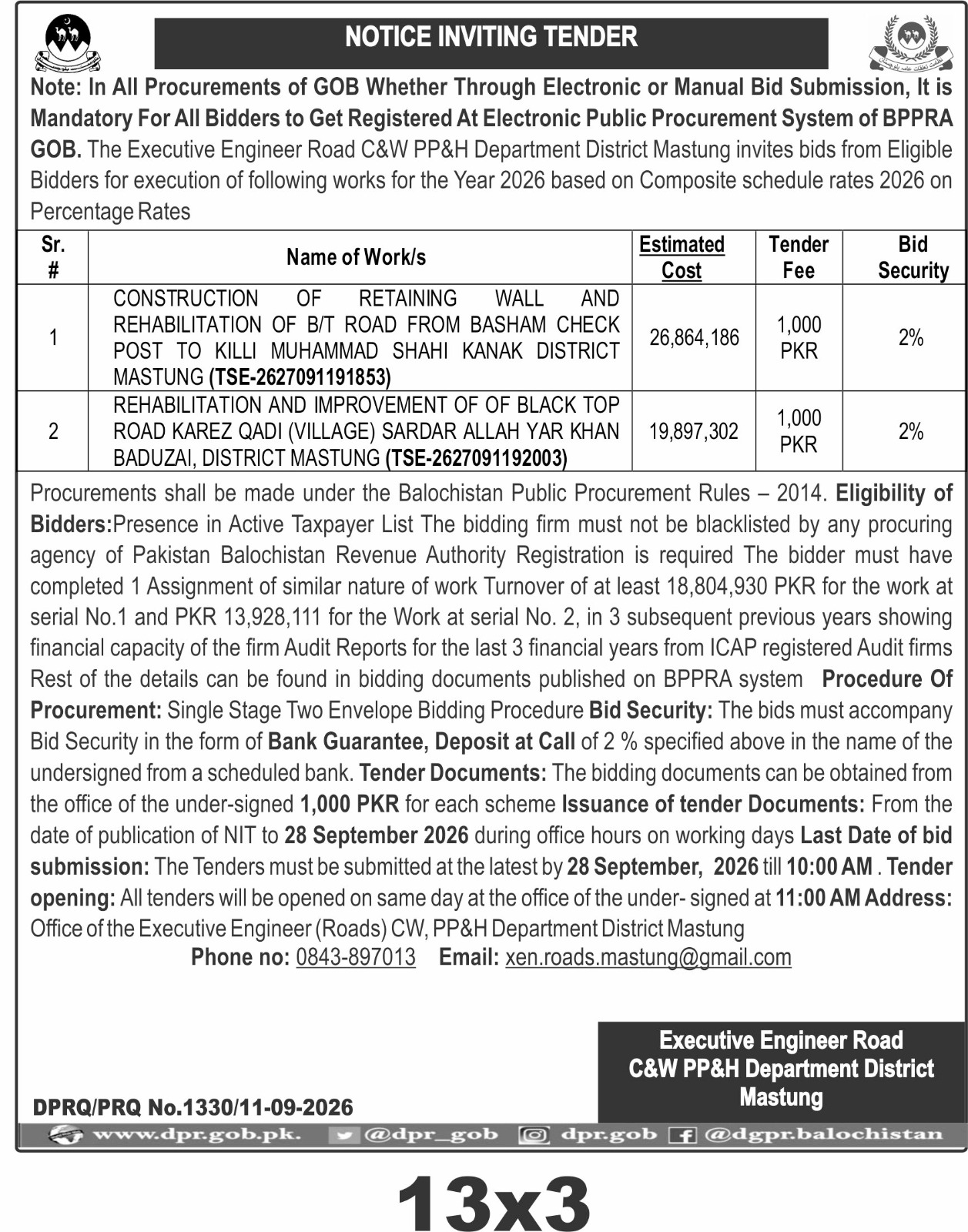 Mastung Road Development Tender 2026 Key Project Details